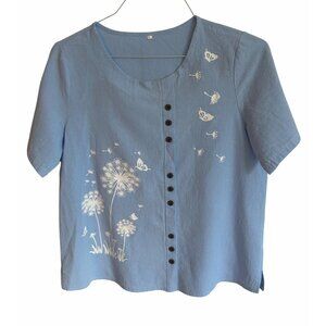 Women Blue Dandelion Butterflies Print Blouse Size L